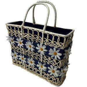 VTG Wicker Daisy Flower Tote Purse Large White Blue Maybelle Marie 60s 50s Mod